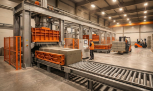 Una planta de fabricación de bloques de concreto AMIBLOCK en pleno funcionamiento. En el primer plano, un trabajador con chaleco de seguridad y casco opera un panel de control junto a una gran máquina de moldeo naranja y gris, de la que salen bloques de concreto rectangulares sobre una cinta transportadora de rodillos. Vapor se eleva del proceso. En el fondo, una carretilla elevadora transporta una paleta de bloques curados, y hay pilas de bloques almacenados. La nave industrial es espaciosa, con techos altos, iluminación LED y una grúa puente visible.
